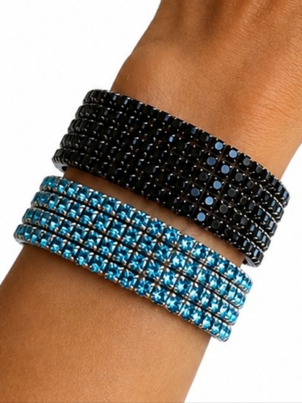 💎 Black Blue Rhinestone Stretch Bracelet Set Wide Sparkle Statement Jewelry